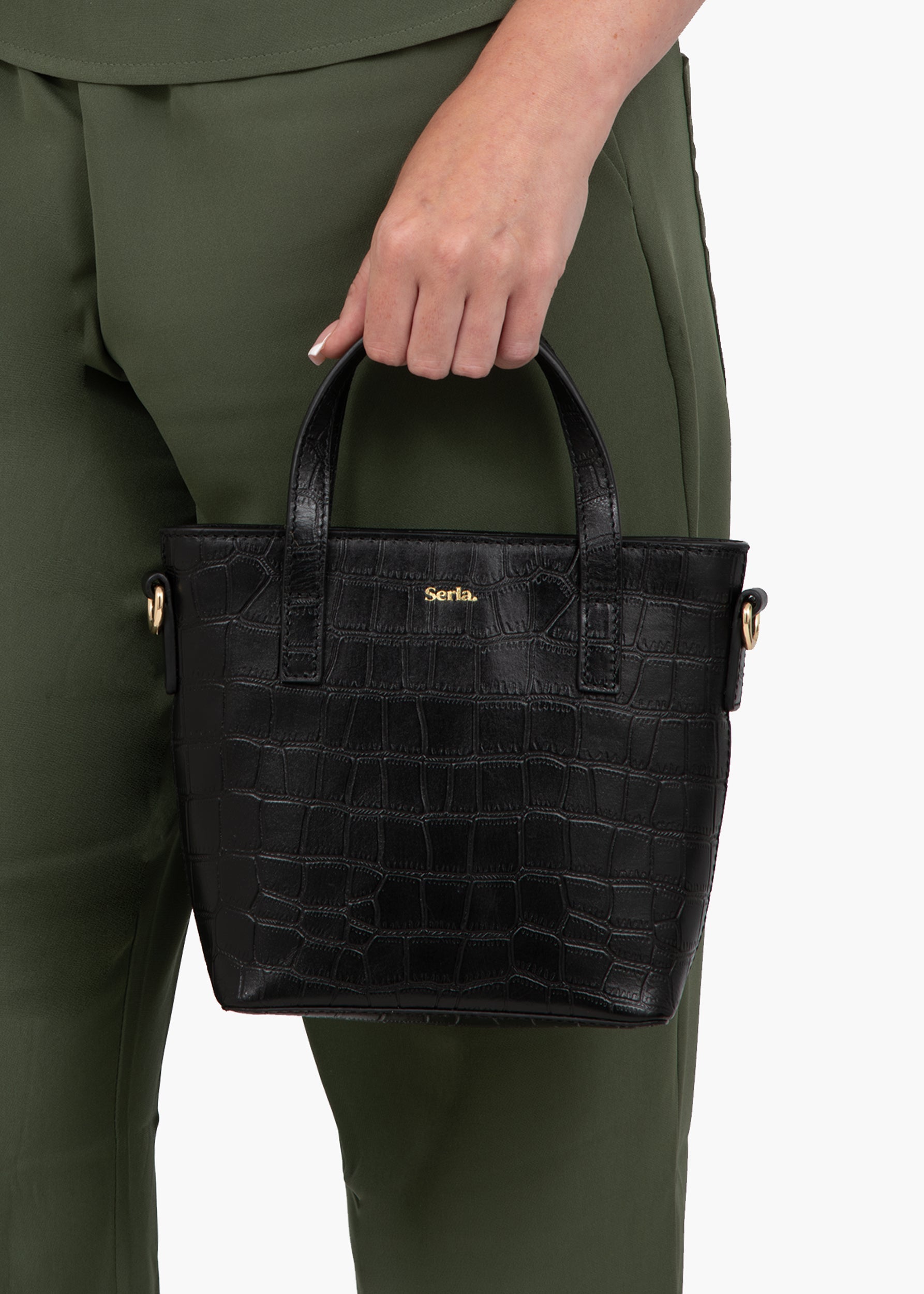 Cora Black Croc Top Handle Crossbody Bag