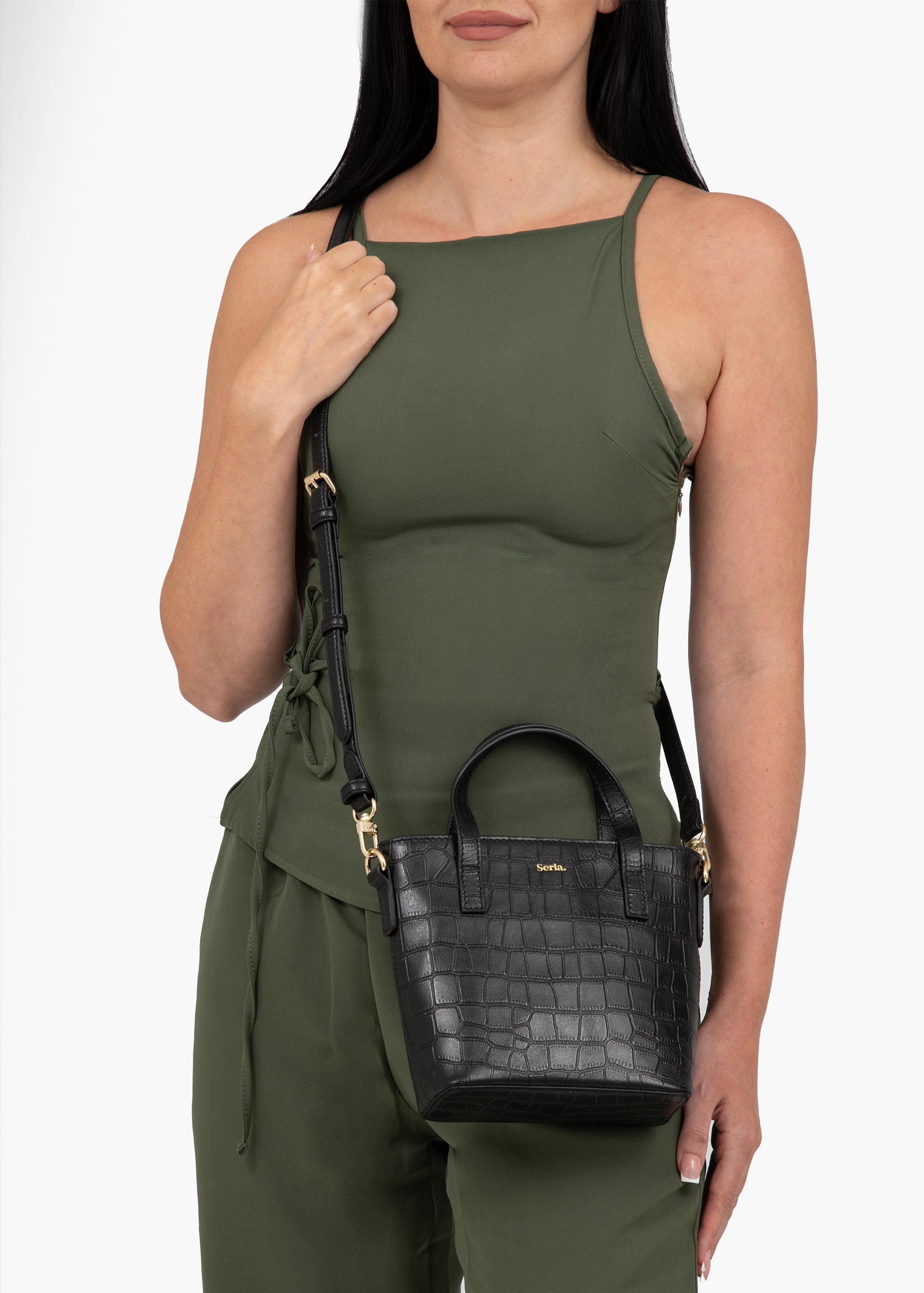 Cora Black Croc Top Handle Crossbody Bag